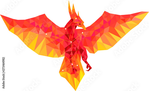 Phoenix constellation vector. Astrology animal colorful Phoenix modern geometric icon, crystal design illustration. Animal bird crystal. Polygonal silhouette of orange-red Phoenix