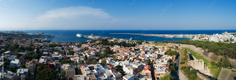 Mandraki port of Rhodes city harbor aerial panoramic view in Rhodes island in Greece