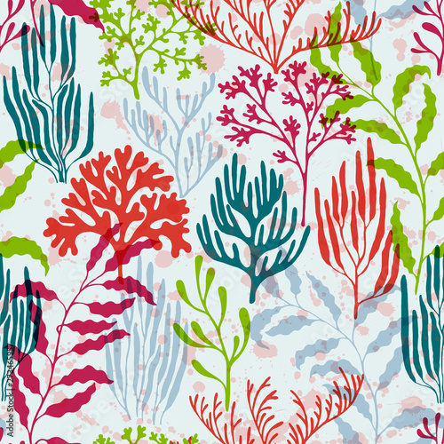 Ocean corals seamless pattern.  Australian staghorn and pillar corals branches.