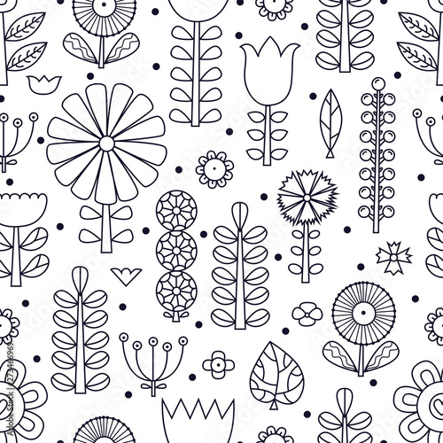 Linear flowers in Scandinavian style. Summer motive. Vector seamless pattern.