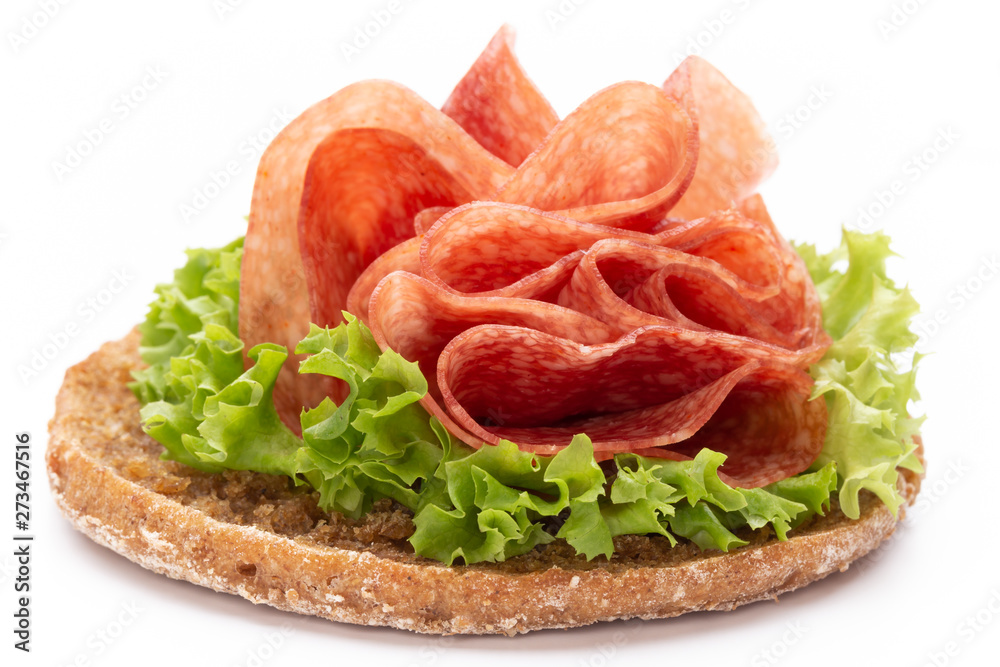 Sandwich with ham sausage on white background.