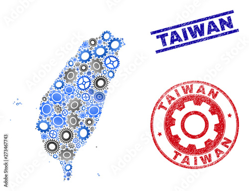 Workshop vector Taiwan map collage and seals. Abstract Taiwan map is created of gradiented scattered cogs. Engineering geographic plan in gray and blue colors, photo