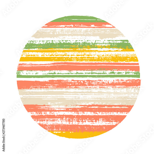 Abstract circle vector geometric shape with striped texture of ink horizontal lines. Old paint texture disc. Label round shape circle logo element with grunge background of stripes.