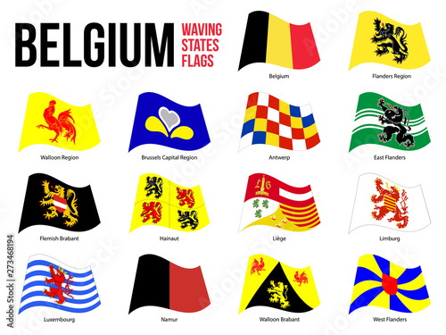 Belgium All Region & Provinces Flag Waving Vector Illustration on White Background. Flags of Belgium