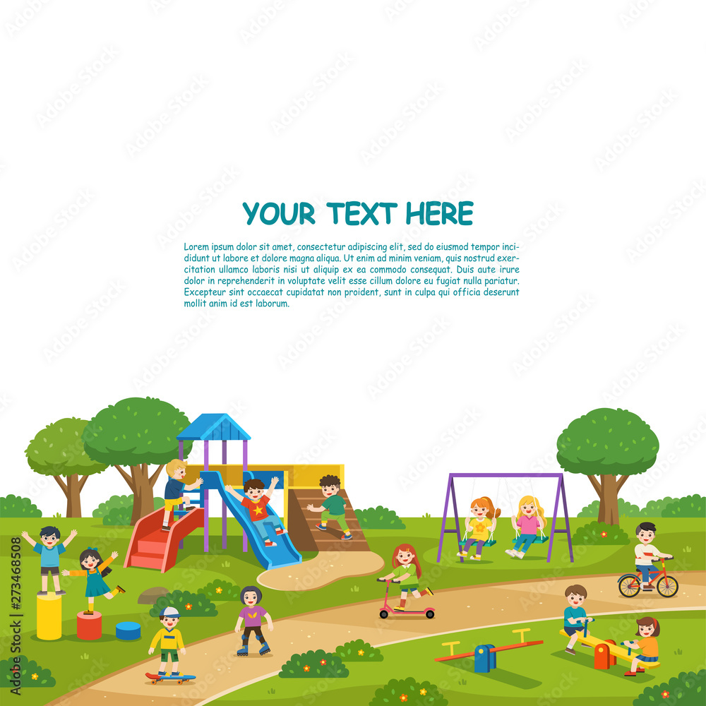 Naklejka premium Happy excited kids having fun together on playground. Children play outside with sky background. Colorful isometric playground elements with Kids. Template for advertising brochure.