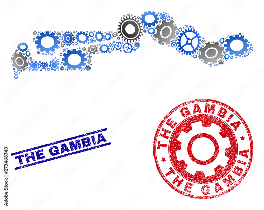 Mechanics vector the Gambia map composition and stamps. Abstract the Gambia map is created from gradiented scattered gearwheels. Engineering geographic plan in gray and blue colors,