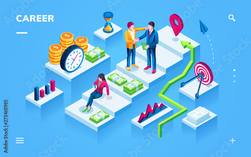 Career development isometric view for smartphone page. Woman on ladder with money and man with hr at staircase. Worker growth, employee climbing concept. Human recruitment application. Job vacancy