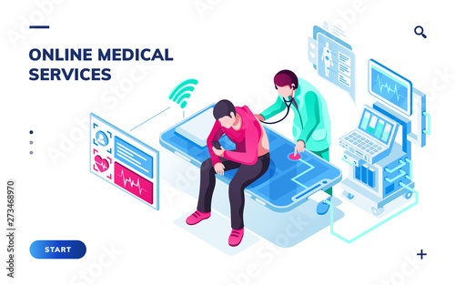 Isometric page for online medical or healthcare services. Doctor doing health diagnostic and patient man with smartphone, physician consultation or medicine check up. Smartphone application