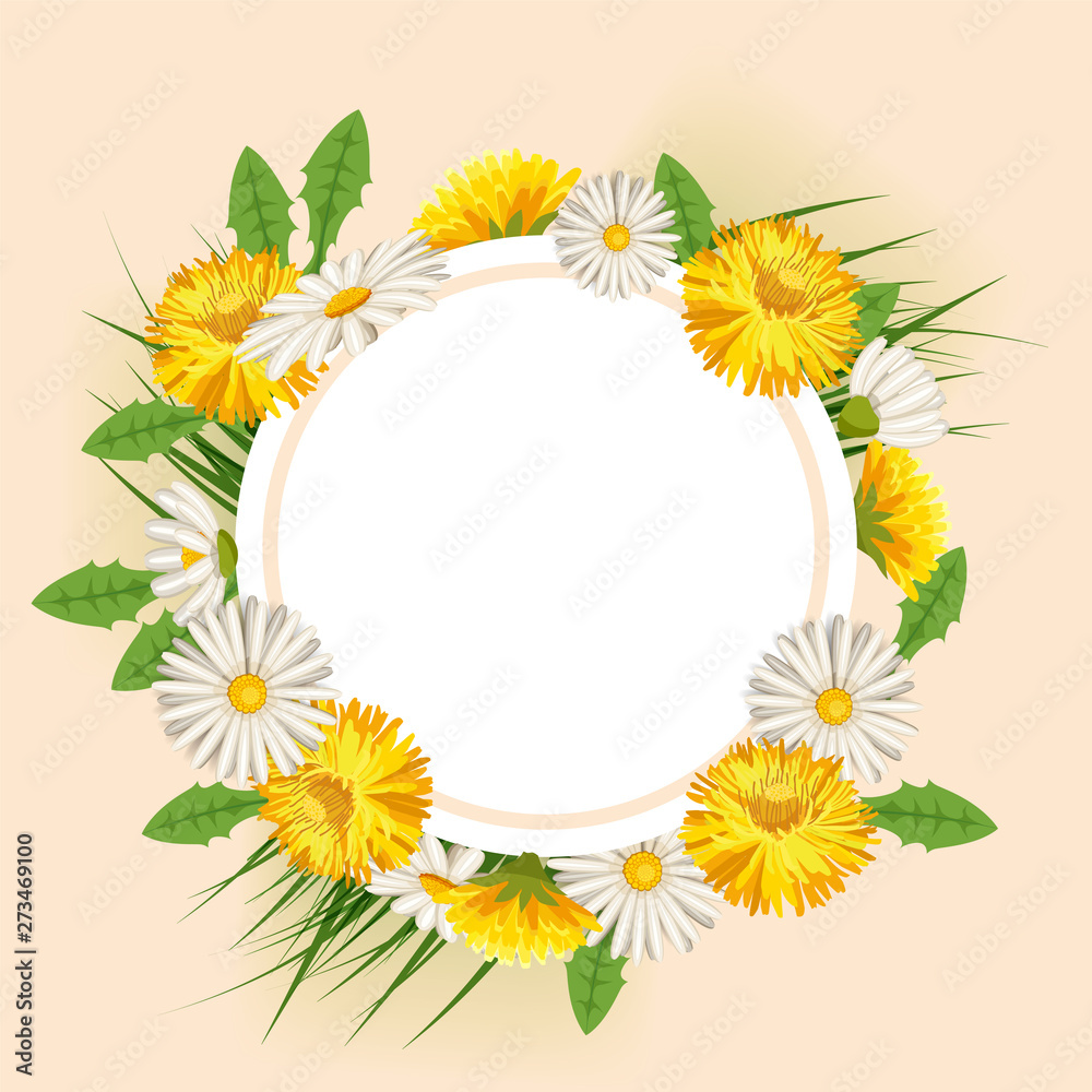 Fresh spring background with grass, dandelions and daisies. Vector