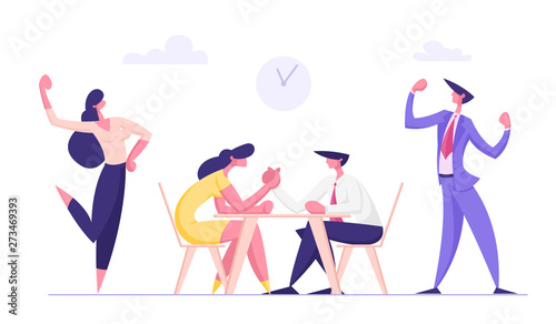 Business People Armwrestling with Support Group Cheering. Man and Woman Fighting. Business Competition, Challenge, Leadership Concept, Male, Female Characters Fight. Cartoon Flat Vector Illustration