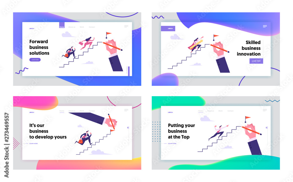 Leadership, Success, Challenge Concept Website Landing Page Set, Business People Run to Top of Ladder, Businesspeople Climbing Upstairs to Reach Goal Web Page. Cartoon Flat Vector Illustration, Banner