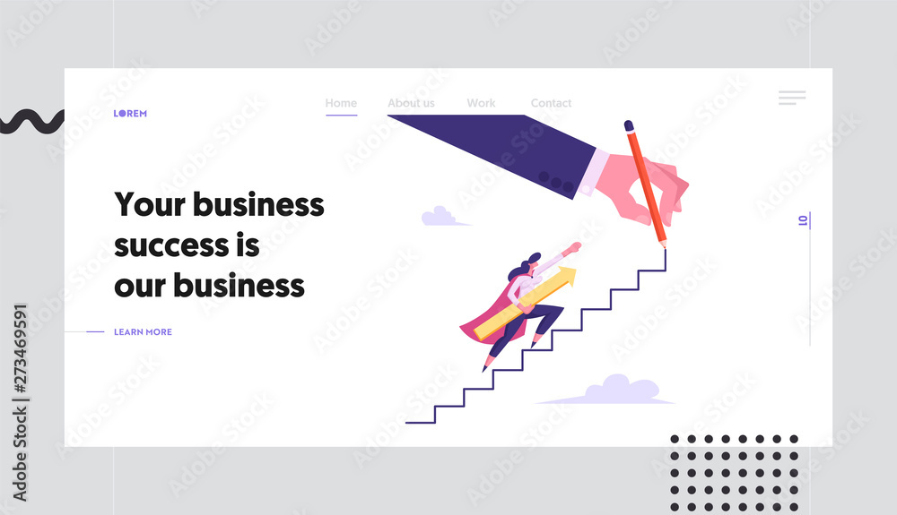 Female Superhero or Super Employee Girl Character Holding Arrow Climbing Upstairs, Business Success and Professionalism Concept Website Landing Page, Web Page. Cartoon Flat Vector Illustration, Banner