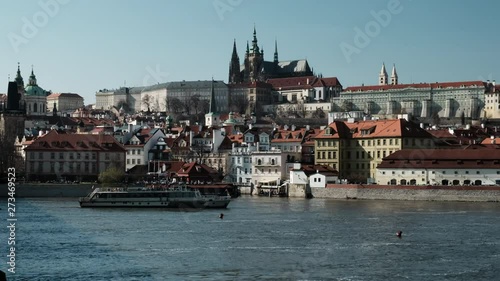 Panorama of the city. Old ships on the river carry tourists, Czech Republic Prague 