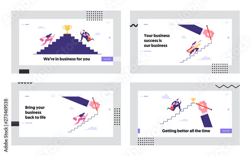 Business People Climbing Stairs to Success Landing Page Set. Man and Woman Characters Business Competition, Goal Achievement, Creative Idea Concept Web Page. Cartoon Flat Vector Illustration, Banner