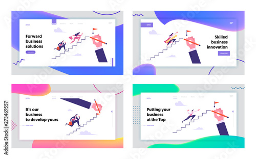 Leadership, Success, Challenge Concept Website Landing Page Set, Business People Run to Top of Ladder, Businesspeople Climbing Upstairs to Reach Goal Web Page. Cartoon Flat Vector Illustration, Banner