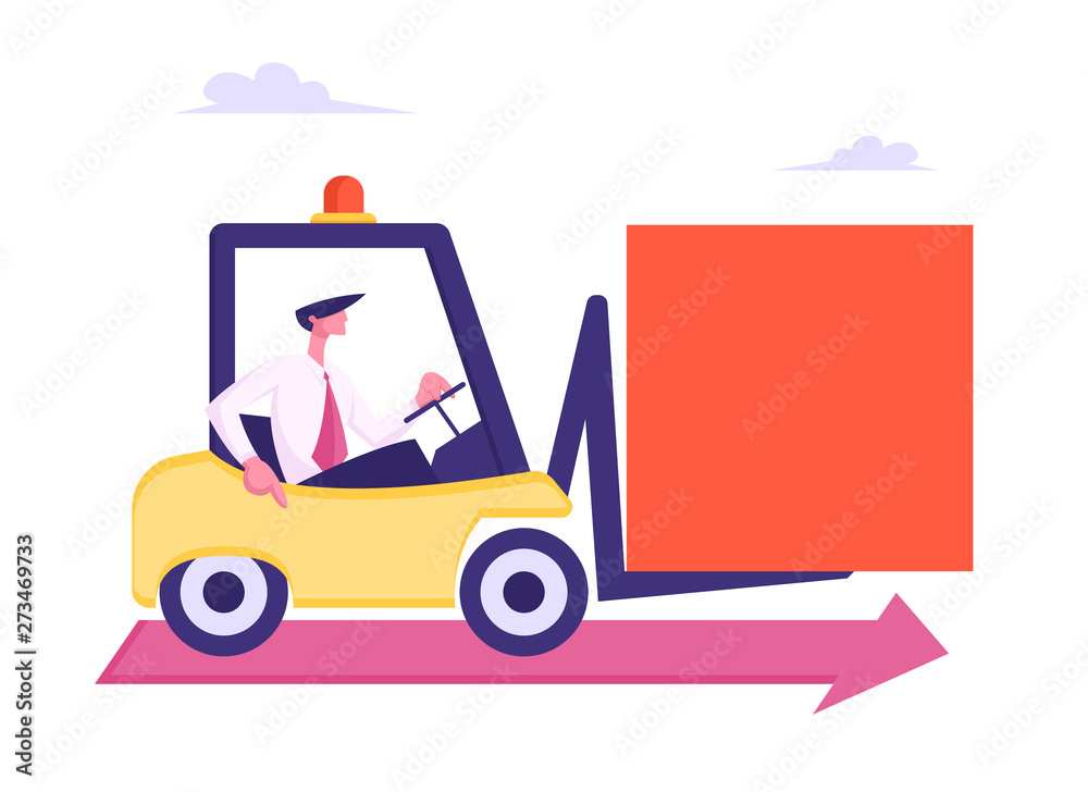Business Man Character Driving Forklift Loader with Huge Square Figure Riding along Red Arrow on Floor. Business Challenge, Competition Metaphor, Task Solution, Cartoon Flat Vector Illustration Business Man Character Driving Forklift Loader with Huge Square Figure Riding along Red Arrow on Floor. Business Challenge, Competition Metaphor, Task Solution, Cartoon Flat Vector Illustration