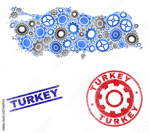 Mechanics vector Turkey map mosaic and stamps. Abstract Turkey map is designed of gradiented randomized cogs. Engineering territorial scheme in gray and blue colors,