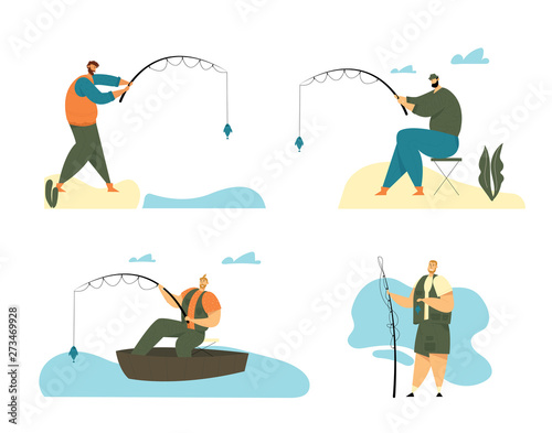 Man Fishing Hobby Set. Fisherman Sitting in Boat and Stand on Coast with Rod Catching Fish, Relaxing Summertime Hobby, Fishman Vacation, Spending Time, Leisure, Relax. Cartoon Flat Vector Illustration