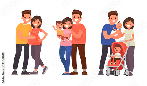 Set of stages of family development. Pregnancy, the birth of the firstborn and second child