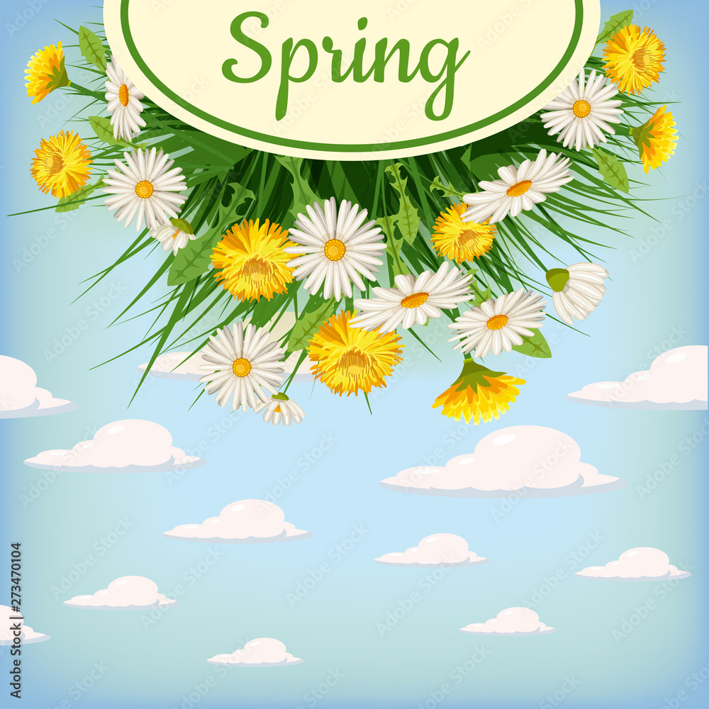 Fresh spring background with grass, dandelions and daisies. Vector Fresh spring background with grass, dandelions and daisies. Vector