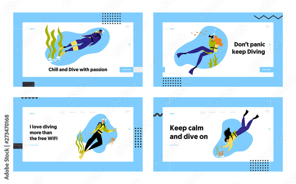 Snorkeling Characters Underwater Fun Activities Website Landing Page Set, Hobby, Swimming, Photographing, Scuba Diving with Spear Fishing Equipment Web Page. Cartoon Flat Vector Illustration, Banner Snorkeling Characters Underwater Fun Activities Website Landing Page Set, Hobby, Swimming, Photographing, Scuba Diving with Spear Fishing Equipment Web Page. Cartoon Flat Vector Illustration, Banner