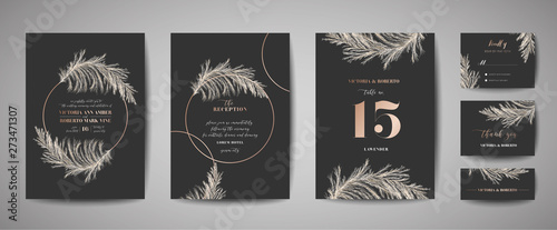 Set of Wedding Invitation, floral invite, thank you, rsvp rustic card design with gold foil decoration. Vector elegant modern template, trendy cover, graphic poster, retro brochure, design template