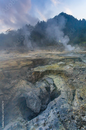 Portugal, Azores, Sao Miguel Island, Furnas, Lago das Furnas lake, lakeside caldeiras, volcanic activity