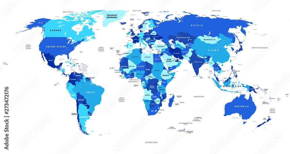 Colorful detailed political world map with names of countries, oceans, bays and islands, on an isolated background