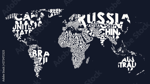 World map text composition of country names, typographical black and white vector illustration