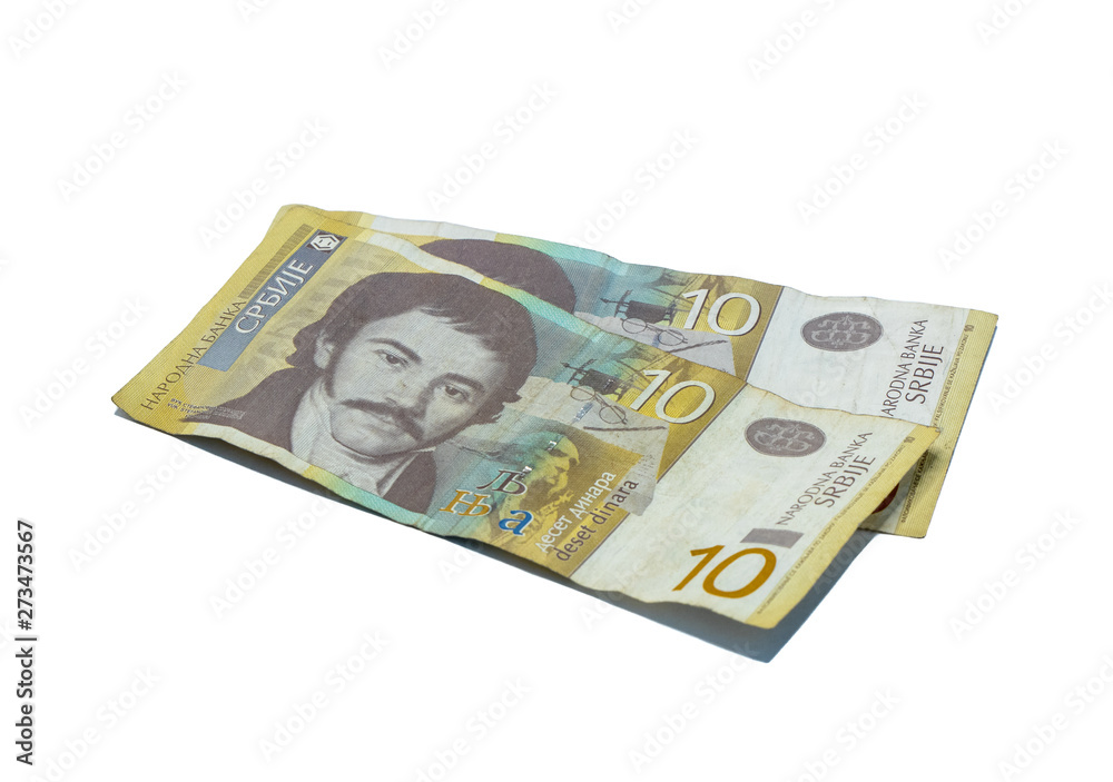 Two  banknotes worth 10 Serbian Dinars with a portrait of a Linguist Vuk Karadzic isolated on a white background
