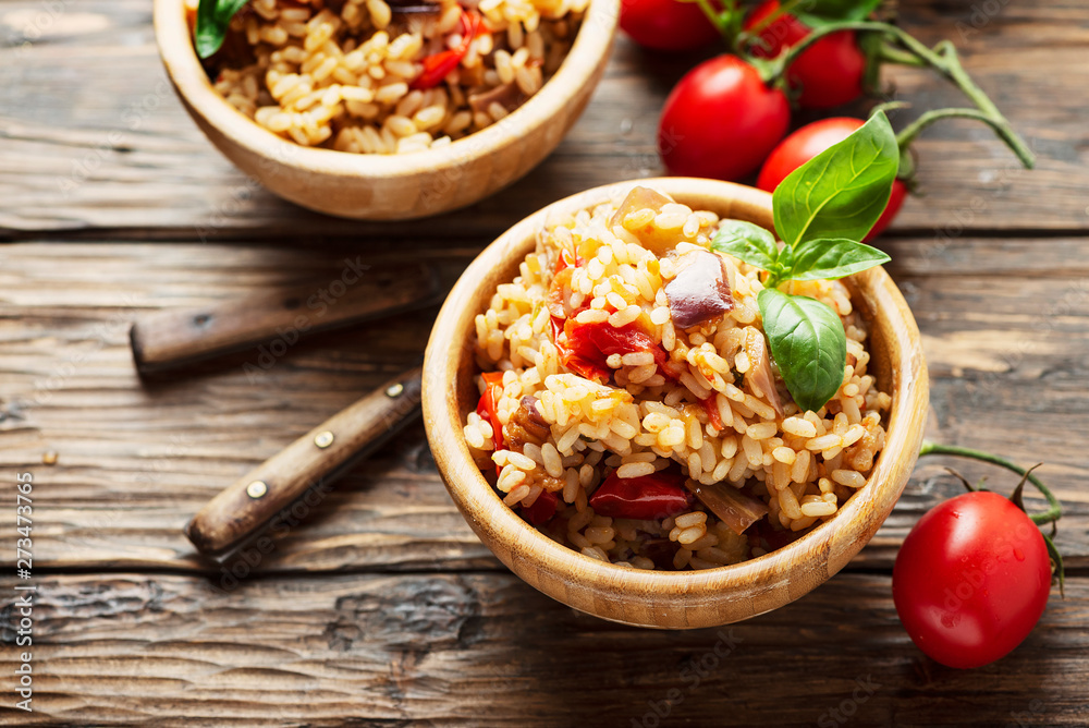 Vegetaian rice with onion, tomato and eggplant Vegetaian rice with onion, tomato and eggplant