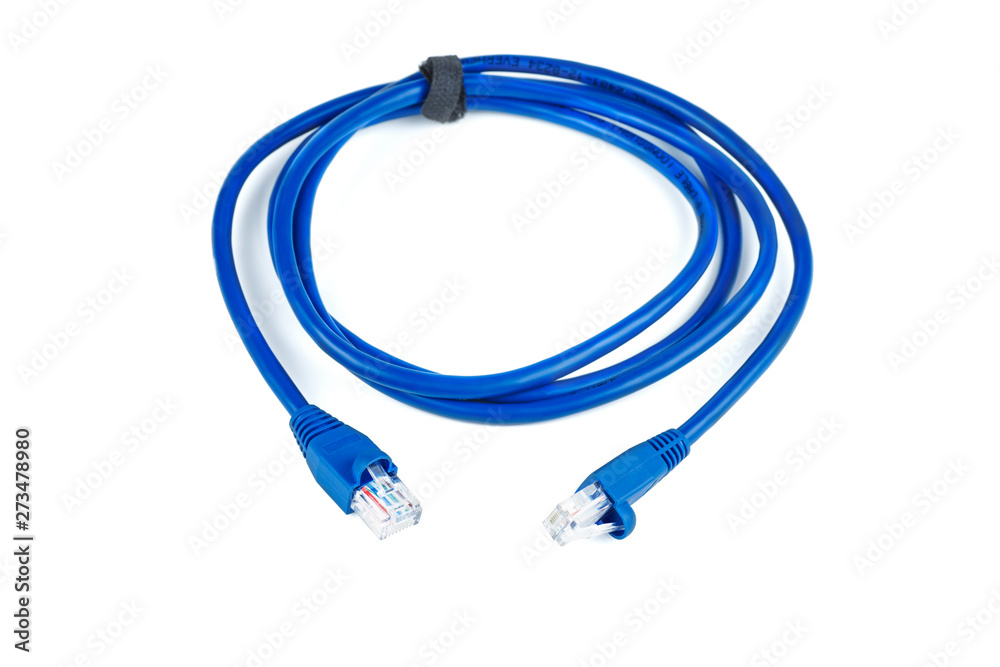 Blue ethernet (copper, RJ45) patchcord isolated on white background Blue ethernet (copper, RJ45) patchcord isolated on white background