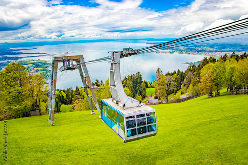 The Pfänder Cable car overlooking Lake Constance. Below is the Austrian town of Bregenz. With its views over the lake and the surrounding mountain peaks.