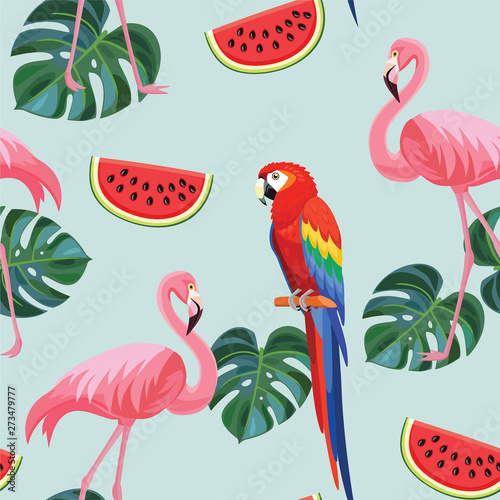 Tropical pattern with flamingos and parrots. Seamless texture. © Tayisiya