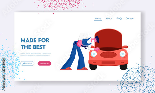 City Repair Service. Website Landing Page, Mechanic in Blue Overall Stand near Broken Car with Open Hood Holding Wrench Checking and Maintenance Car, Web Page. Cartoon Flat Vector Illustration, Banner