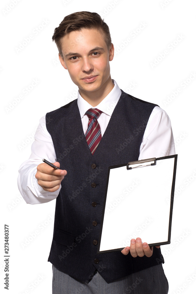 Smiling manager or businessman offers to sign a contract holding a pen and documents for signature Smiling manager or businessman offers to sign a contract holding a pen and documents for signature