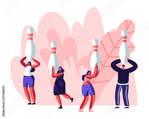 Male Character Playing Bowling, Huge Man Throw Ball, Tiny People Moving with Pins. Leisure, Active Lifestyle, Friends Spend Time Together on Weekend, Sparetime Cartoon Flat Vector Illustration