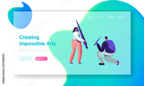 Male and Female Characters Holding Huge Paint Brushes, Drawing Painting Hobby Concept, People Designers, Artists, Art Courses Website Landing Page, Web Page. Cartoon Flat Vector Illustration, Banner