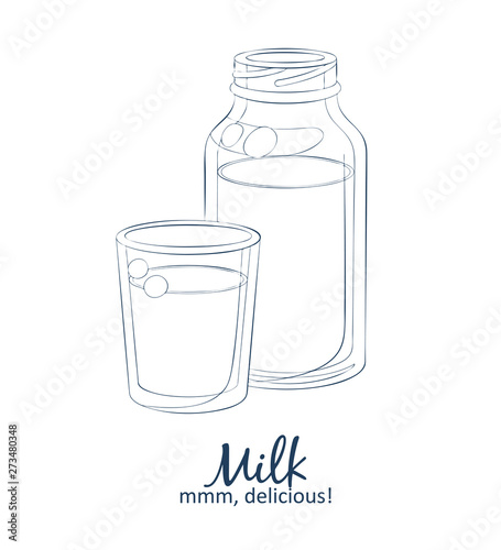 Bottle of milk and glass icon. Vector food illustration. Hand drawn linear illustration on white background