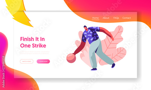 Male Character Playing Bowling, Man Throw Ball for Hitting Strike. Leisure, Active Lifestyle, Sparetime with Friends on Weekend Website Landing Page, Web Page. Cartoon Flat Vector Illustration, Banner