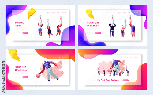 Bowling Sparetime Website Landing Page Set, Man Throw Ball, People Holding Pins. Leisure, Active Lifestyle, Friends Spend Time Together on Weekend, Web Page. Cartoon Flat Vector Illustration, Banner