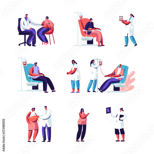 Pregnancy and Blood Donation Set. Pregnant Woman at Doctor Appointment. Medical Check Up, Ultrasound, Measuring Belly, Listening Baby Heart. Volunteers Donating Blood. Cartoon Flat Vector Illustration