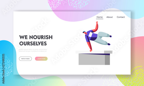 Parkour in City. Young Man Freerunner Training Outdoors Jumping Over Walls Doing Tricks, Urban Sport, Street Culture, Lifestyle Website Landing Page, Web Page. Cartoon Flat Vector Illustration, Banner