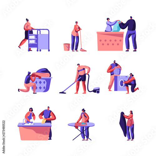 Laundry and Home Cleaning Set. Male and Female Characters Loading Dirty Clothes to Washing Machine, Ironing, Rolling Cart with Clean Dresses in Launderette, Service. Cartoon Flat Vector Illustration