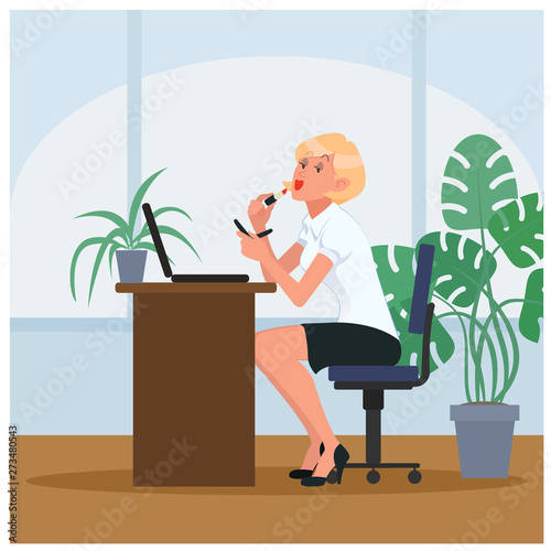 Lazy secretary doing makeup at workplace. Cartoon vector illustration