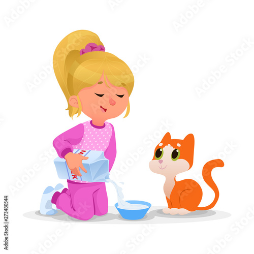 Kid feeding her pet milk. Cartoon vector illustration isolated on white background