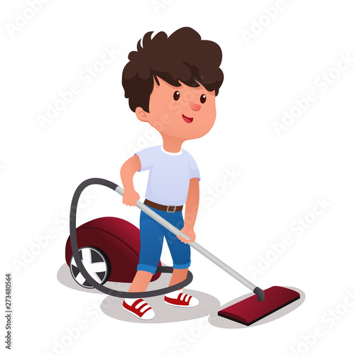Cute boy with vaccuum cleaner isolated on white background. Cartoon vector illustration