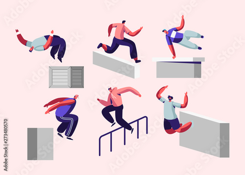 Parkour in City. Young Men Jumping Over Walls and Barriers, Urban Sports, Active Lifestyle, Sport Activity. Teenagers Tricks on Street, Free Runner Training Outdoors, Cartoon Flat Vector Illustration