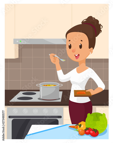 Pretty woman cooking soup at the kitchen. Cartoon vector illustration