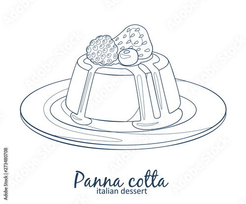 Panna cotta dessert with berries icon. Hand drawn vector illustration black and white colors